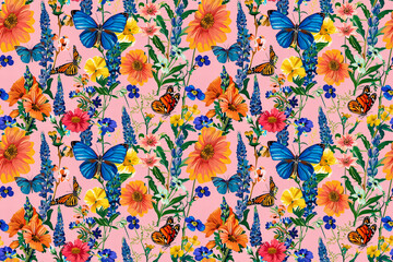 Fototapeta premium Colorful butterfly and floral pattern on a pink background. Seamless and vibrant design perfect for spring and summer products, textiles, and wallpapers. Features butterflies and flowers.