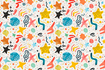 Naklejka premium Colorful abstract pattern with stars, dots, and wavy lines on a white background. Seamless and playful design perfect for kids' products, textiles, and wallpapers. 