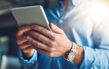 Tablet, office and hands of business man for research project, website review and internet. Creative workplace, closeup and person on digital tech for networking, planning or typing email for contact