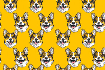 Corgi dog pattern with playful and cheerful corgi faces on a yellow background. Seamless tile design ideal for kids' products, textiles, and wallpapers. Features happy corgi expressions.