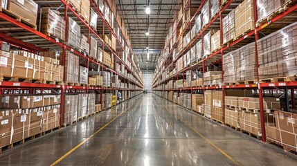 Empty warehouse with tall shelves, logistics management, storage facility, supply chain operations, cargo handling, logistics industry, inventory management, logistics infrastructure.