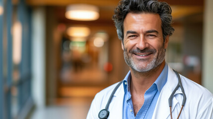 Portrait of a doctor in a white coat and stethoscope smiling in the hallway of a  healthcare, clinic. Smiling Doctor in Hospital Corridor