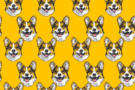 Corgi dog pattern with playful and cheerful corgi faces on a yellow background. Seamless tile design ideal for kids' products, textiles, and wallpapers. Features happy corgi expressions.