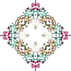 Abstract geometric triangle kaleidoscope mandala pixel art design symbol - symmetric vector art pattern from colored triangles. 8-bit.