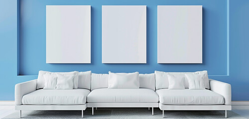 Elegant design with three blank dusk blue canvases and white sofa, 3D rendering concept.