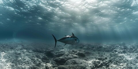 Naklejka premium Tuna fish swimming in the depths of the seabed, fresh fish, sea food, fishing, background, wallpaper.