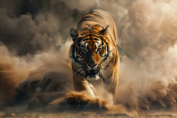 tiger with angry expression with dust smoke effecttiger with angry expression with dust smoke effect