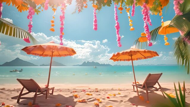 This Two beach chairs and umbrellas set up on sandy beach by the water.