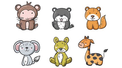 Quirky Cartoon Animals in Simple Draw Style on White Background for Humorous Designs