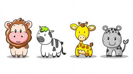 Obraz premium Whimsical Cartoon Animals: Playful and Colorful Characters in Simple Draw Style on White Background