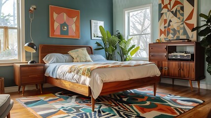 Mid-century Modern Bedroom, A bedroom with a platform bed, geometric patterned rug, and a vintage record player on a wooden dresser