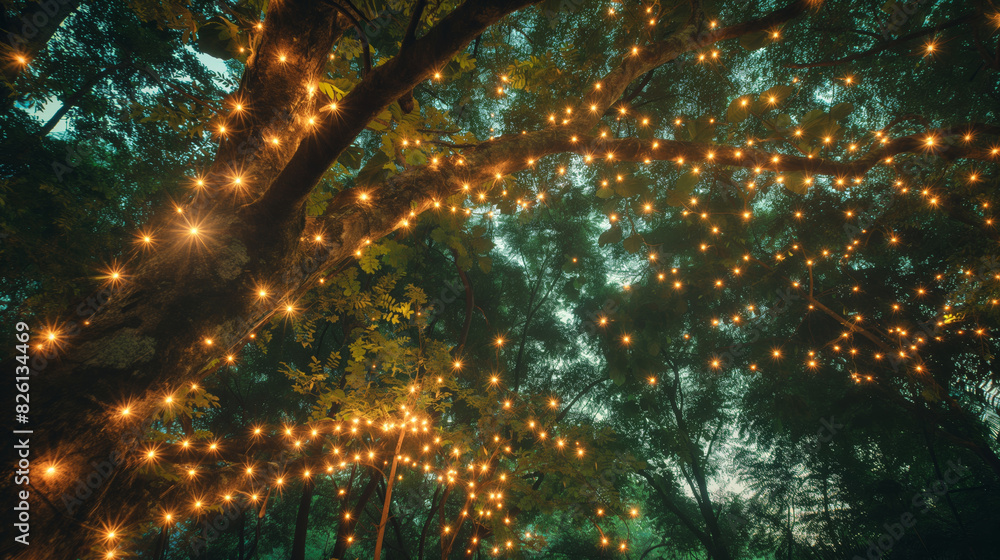 Poster twinkling string lights adorn the branches of trees in a mystical forest setting during twilight hou