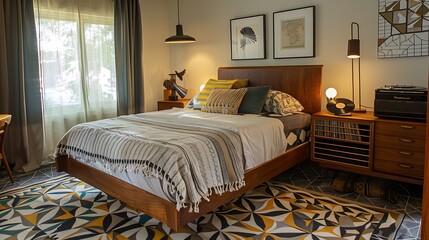 Mid-century Modern Bedroom, A bedroom with a platform bed, geometric patterned rug, and a vintage record player on a wooden dresser