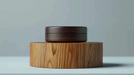 A wooden bowl sits on top of a wooden pedestal