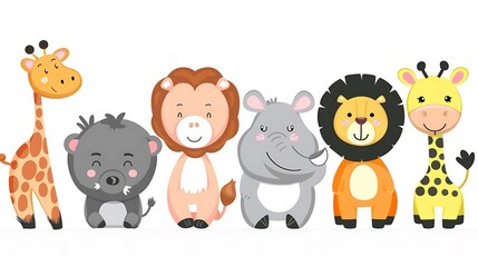 Fototapeta premium Whimsical Cartoon Animals in Simple Draw Style on White Background