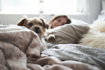 A woman and her dog rest comfortably on a bed, enjoying a peaceful morning together
