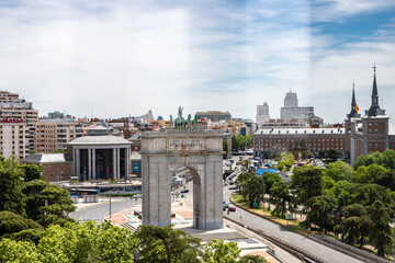 Madrid, Spain 05-08-2024 A view from the Observation Deck of the Moncloa tower over Victory Arch  and the General Headquarters of the Air and Space Force and downtown Madrid