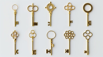 Aesthetic set of 3d different golden old vintage door keys on white clean background, minimalism concept. Generative AI