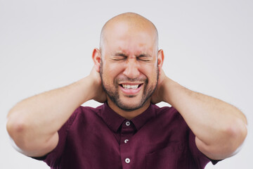 Obraz premium Man, studio and neck pain with tension or stress at work, teacher with injury or headache. Male professor, frustrated and spine problem with career in education on white background, hands or hurt