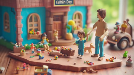 Detailed clay diorama of a father and son indoor playtime, with scattered toys and the 'Happy Father's Day' message visible in the background, - Powered by Adobe