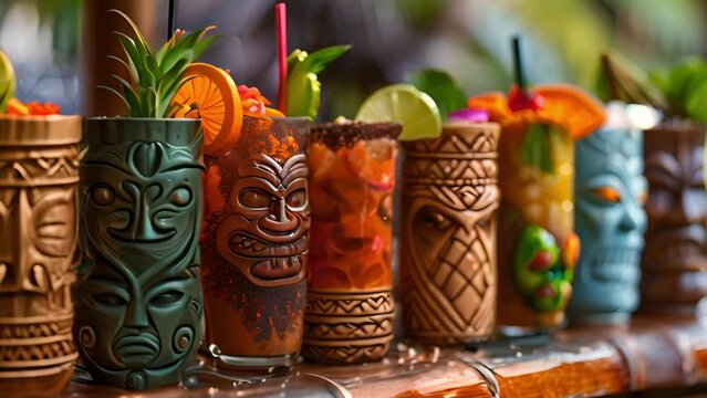 This Assorted tiki glasses filled with different beverages lined up in a row.
