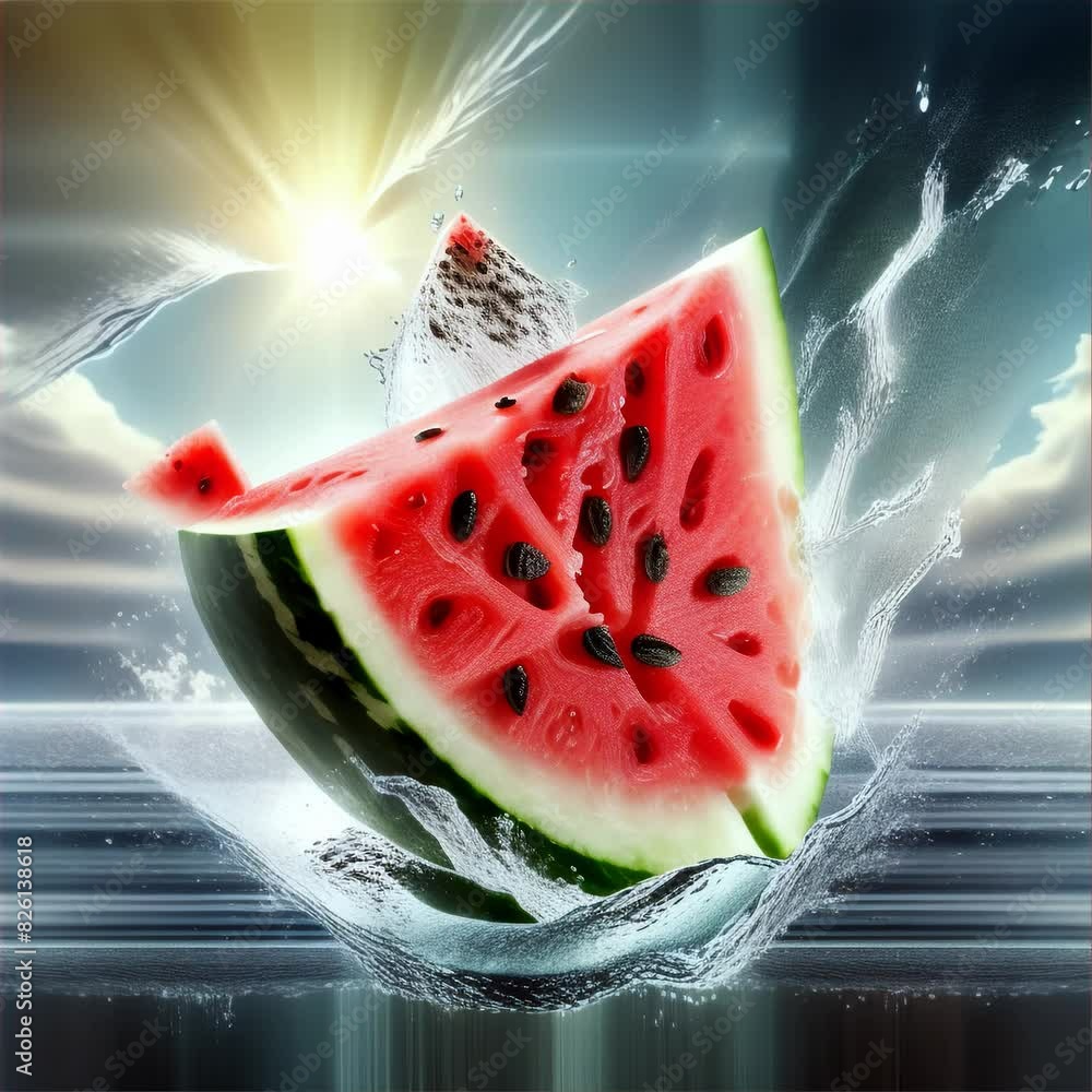 Poster a refreshing scene of a watermelon slice splashing into water under the sun, with droplets and seeds