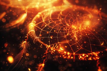 Fototapeta premium A close up of a dream catcher hanging against a dark background, intricately woven with feathers and beads to trap bad dreams.