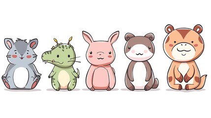 Obraz premium Playful Cartoon Animals in Simple Draw Style on White Background