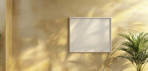 Modern gallery mockup on a pale gold wall, simple and luxurious frame design