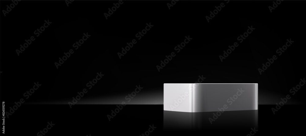Poster black background,empty studio room with spot light on white shiny podium display for cosmetics produ