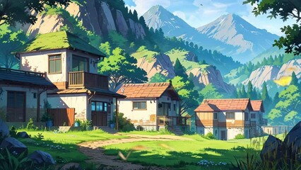 Quaint countryside house in Asia, nestled amidst rolling hills, with a lush garden and lawn in front, in a 4k looping video.