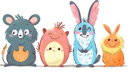 Playful and Colorful Cartoon Animals in Simple Draw Style on White Background