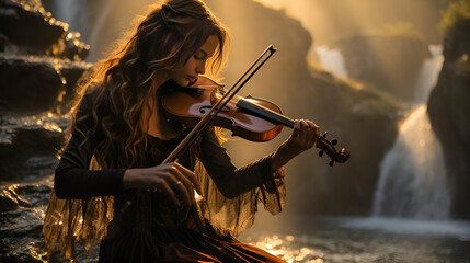 A beautiful young girl playing violin with rapt intensity