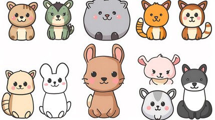 Fototapeta premium Whimsical Cartoon Animals in Simple Draw Style on White Background