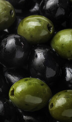 Closeup of olives texture with glossy green-black surface