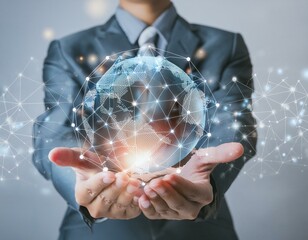 Businessman hold global business globe with network connected to digital marketing strategy