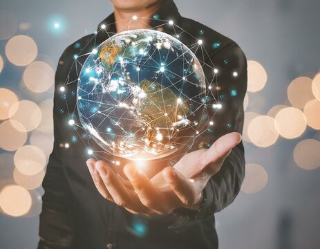 Businessman hold global business globe with network connected to digital marketing strategy