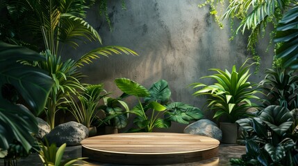 Obraz premium Serene tropical garden with lush green plants, stone decor, and wooden platform in natural sunlight, creating a peaceful zen setting.
