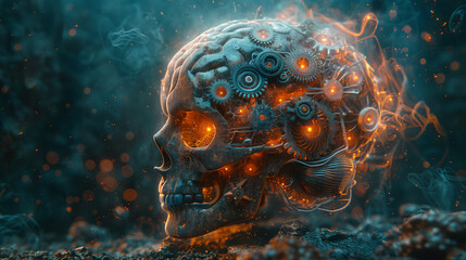 Steampunk skull with glowing brain, dark background