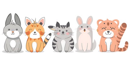 Playful Cartoon Animals in Simple Draw Style on White Background