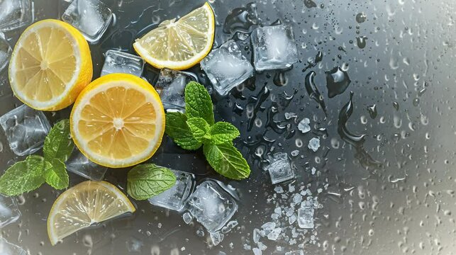 lemon lime and ice. Virtual 4K video animation background with looping time lapse with very smooth graphics.
