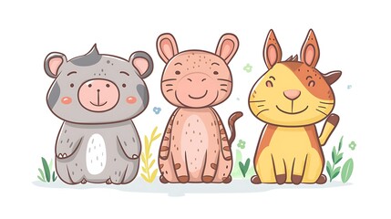 Naklejka premium Playful Cartoon Animals in Minimalistic Style on White Background