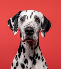 Majestic Dalmatian Dog with Attentive Expression, with Copy Space. Cute spotted dog against vibrant red background. Perfect for banners, veterinary ads, pet food promotions, and minimalist designs.