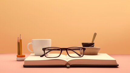 a cup of coffee is filled to the brim on a small saucer to the right of the image. In the middle, there was an open notebook - Powered by Adobe