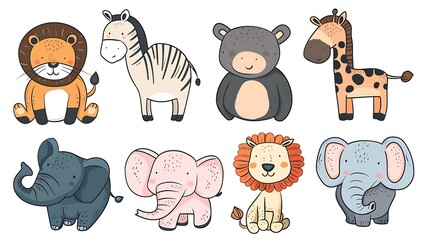 Cheerful Cartoon Animals on a White Background in a Simplistic Drawing Style