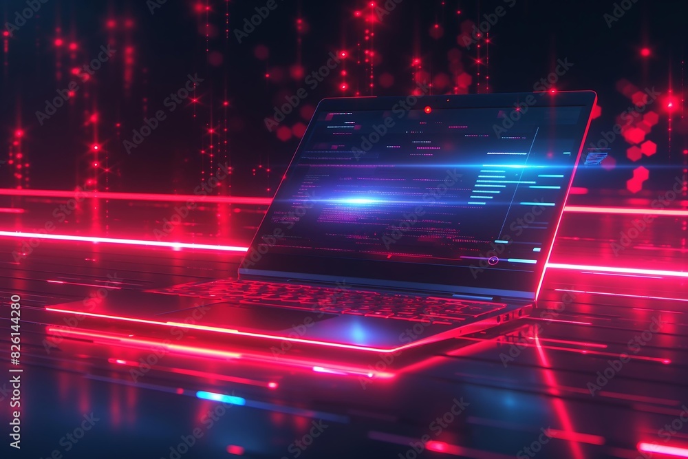 Aufkleber futuristic laptop displaying cybersecurity interface in a high-tech environment with neon red and bl
