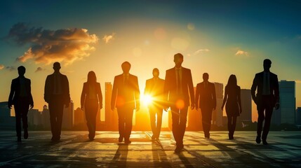 A group of diverse business professionals walk purposefully toward a bright future.