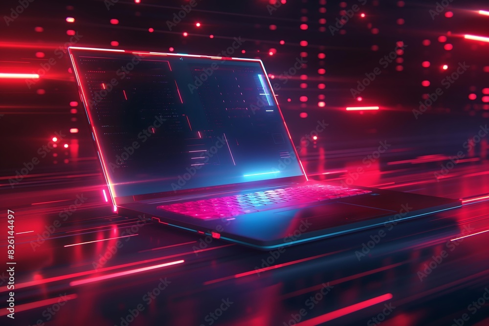 Poster futuristic laptop displaying cybersecurity interface in a high-tech environment with neon red and bl