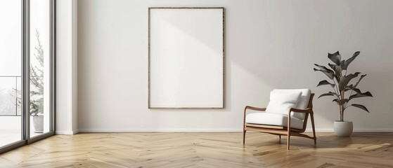 Modern minimalist living room, wooden floor, white blank wall, stylish armchair on the right, space for poster or artwork mockup, clean look