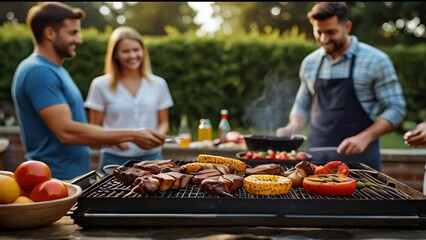 A male making barbecue at poolside party with family in backyard.  - Powered by Adobe